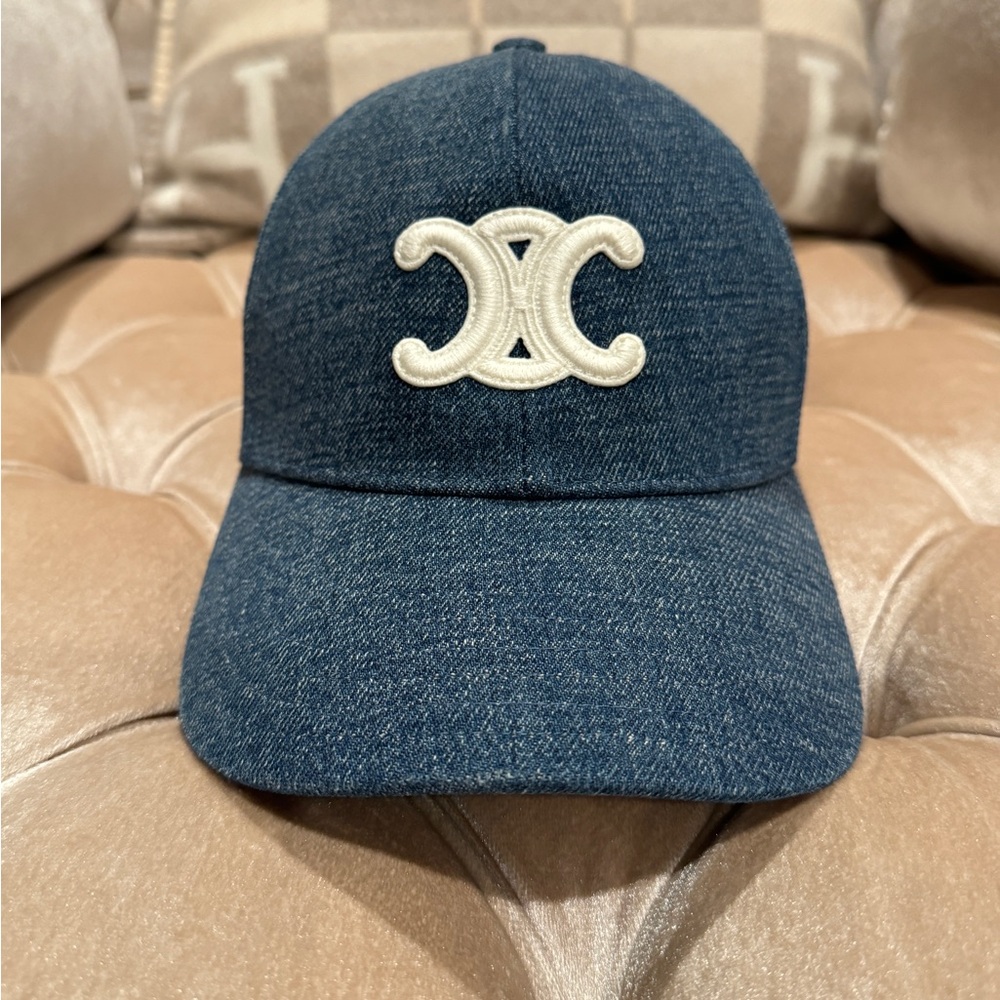 Celine Blue Triomphe Denim Cap with White Logo